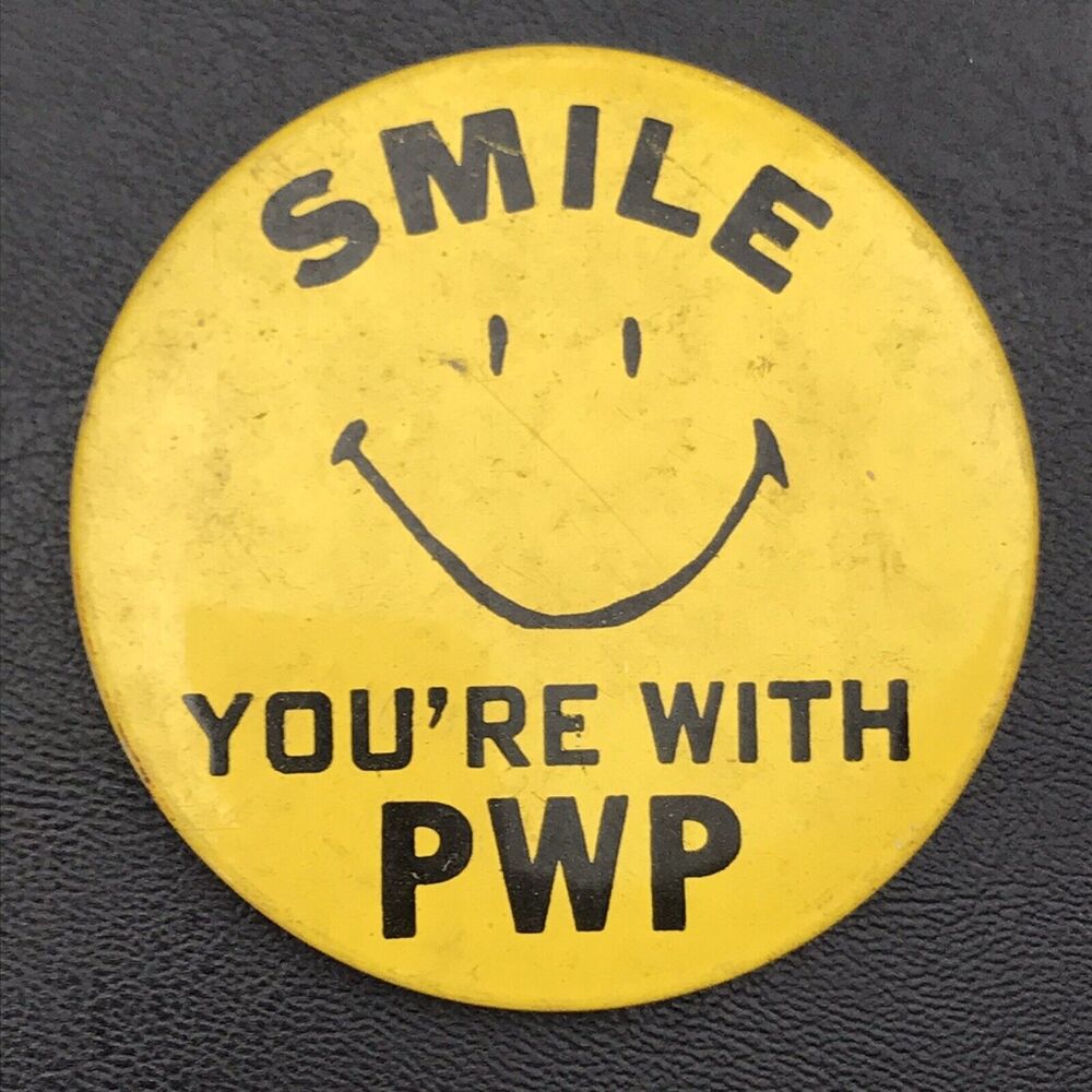 Happy PWP Pin Button Parents Without Partners Vintage Hippie Yellow